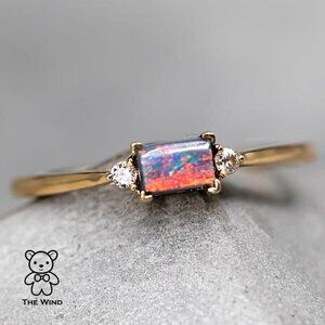 Rectangle Australian Boulder Opal Diamond Engagement Ring 18K Yellow Gold